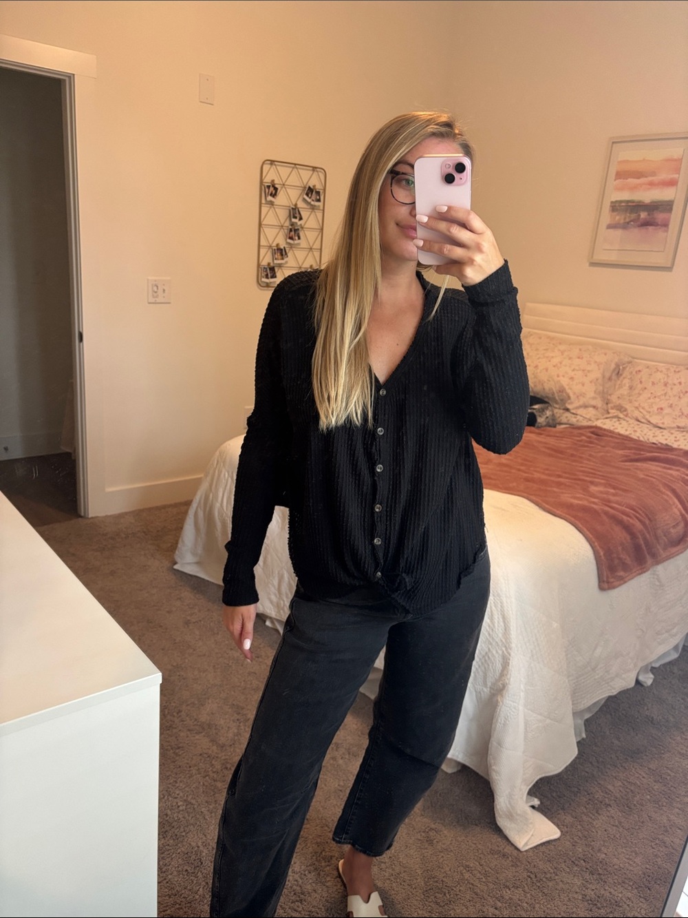 Urban Outfitters Black Waffle Knit Long Sleeve Button Tee